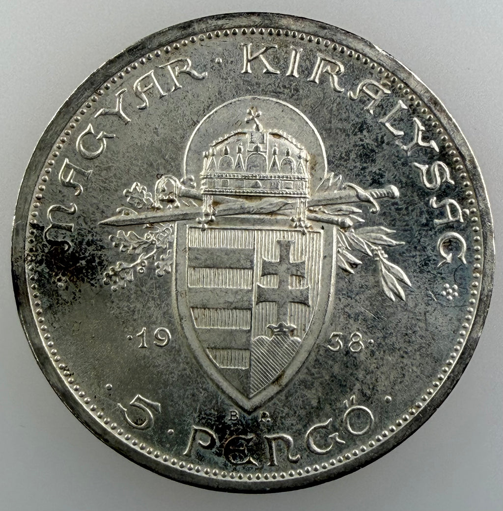1938 Hungary Silver 5 Pengo – 900th Anniversary - Death of St. Stephan