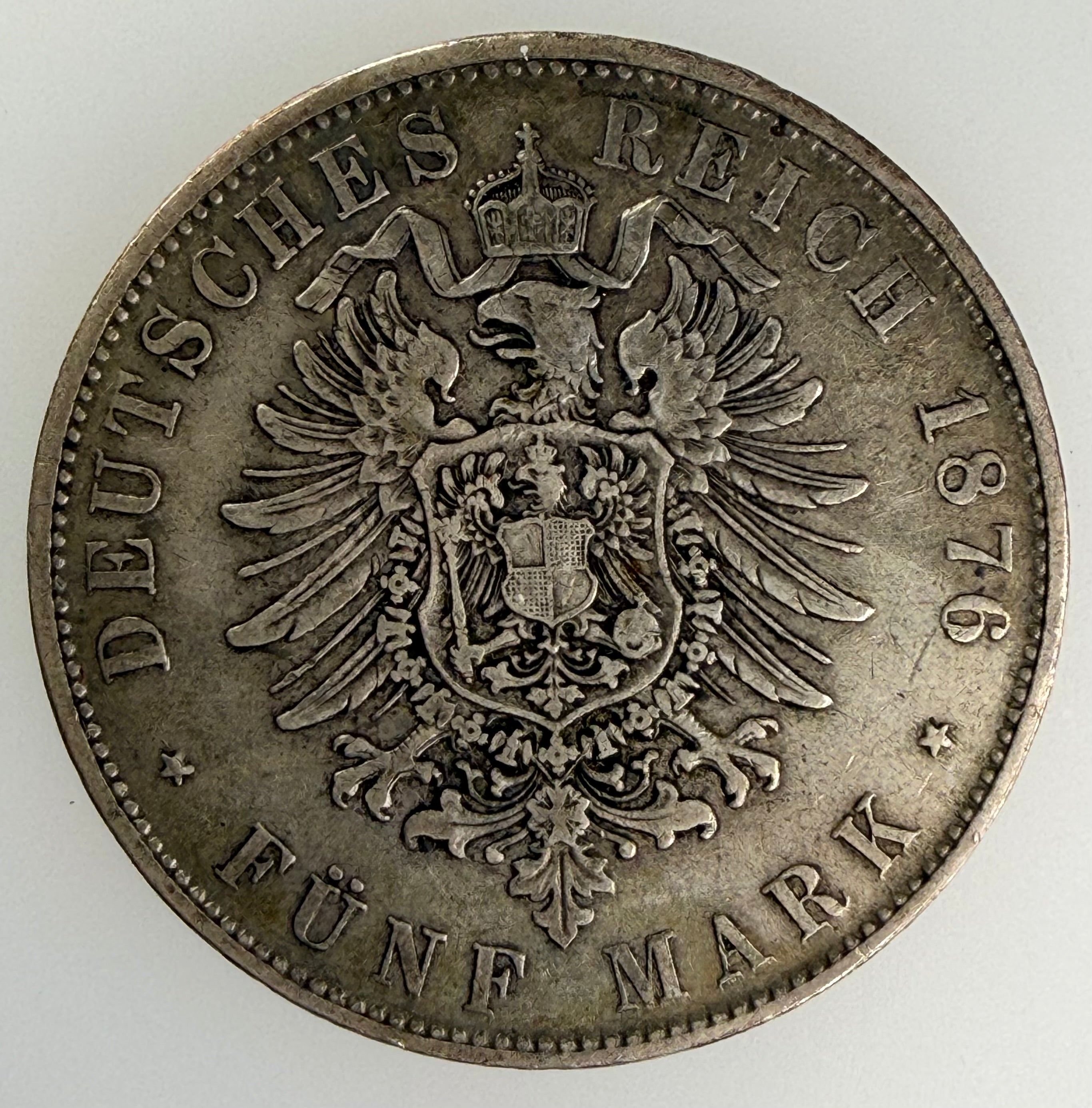 1876-D German States - Bavaria Silver 5 Mark