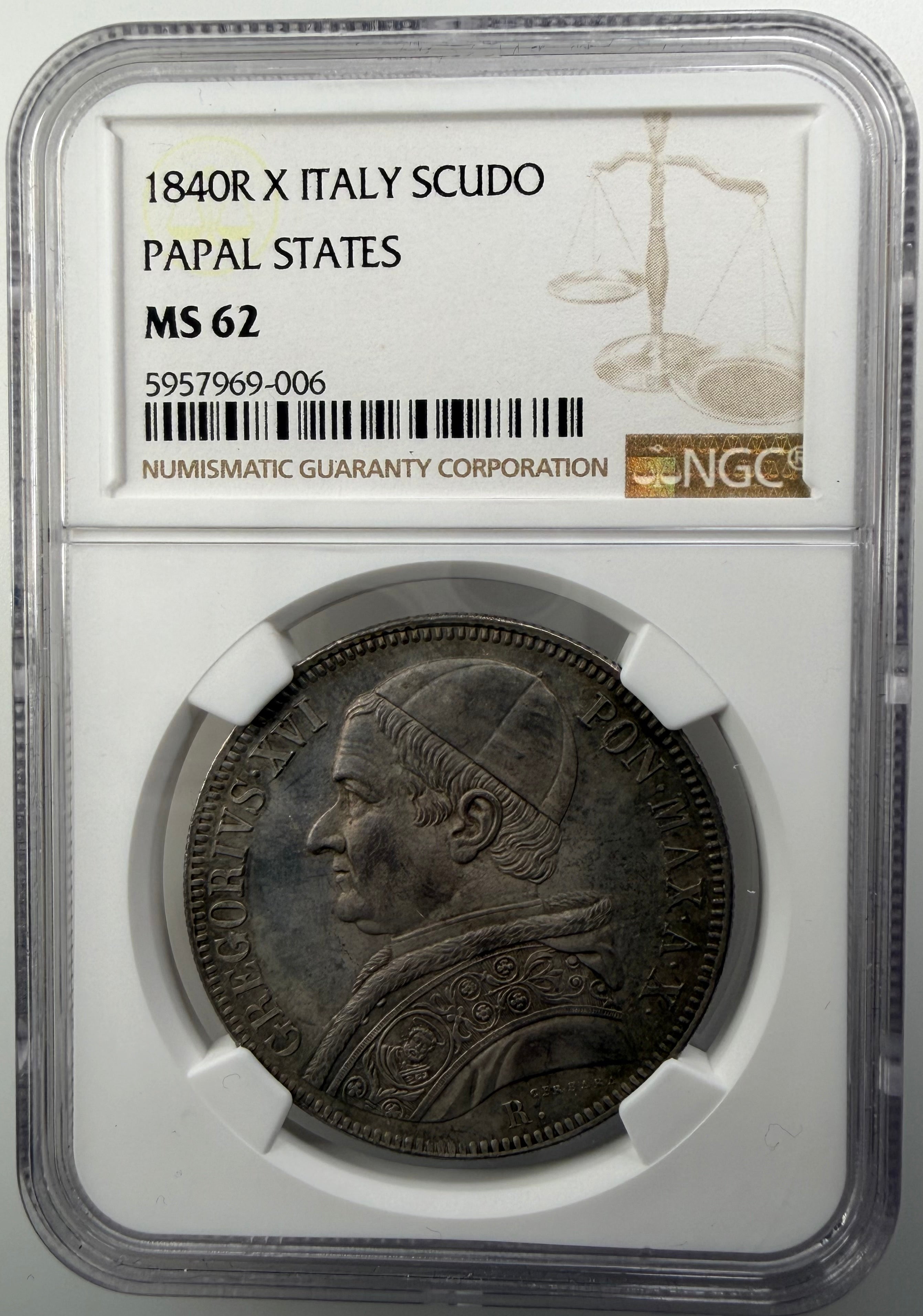 1840 R X Papal States Silver Scudo - Pope Gregory XVI - NGC MS62
