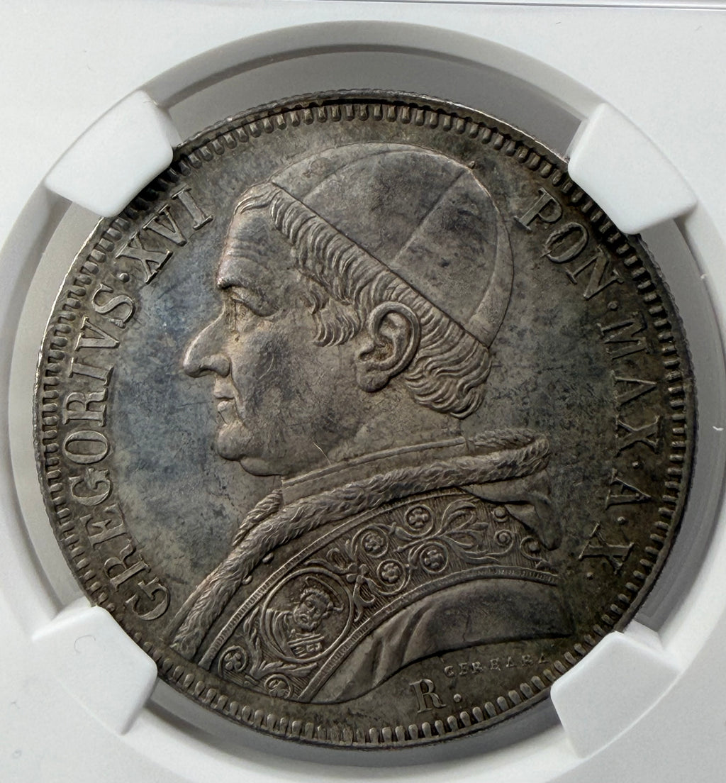 1840 R X Papal States Silver Scudo - Pope Gregory XVI - NGC MS62