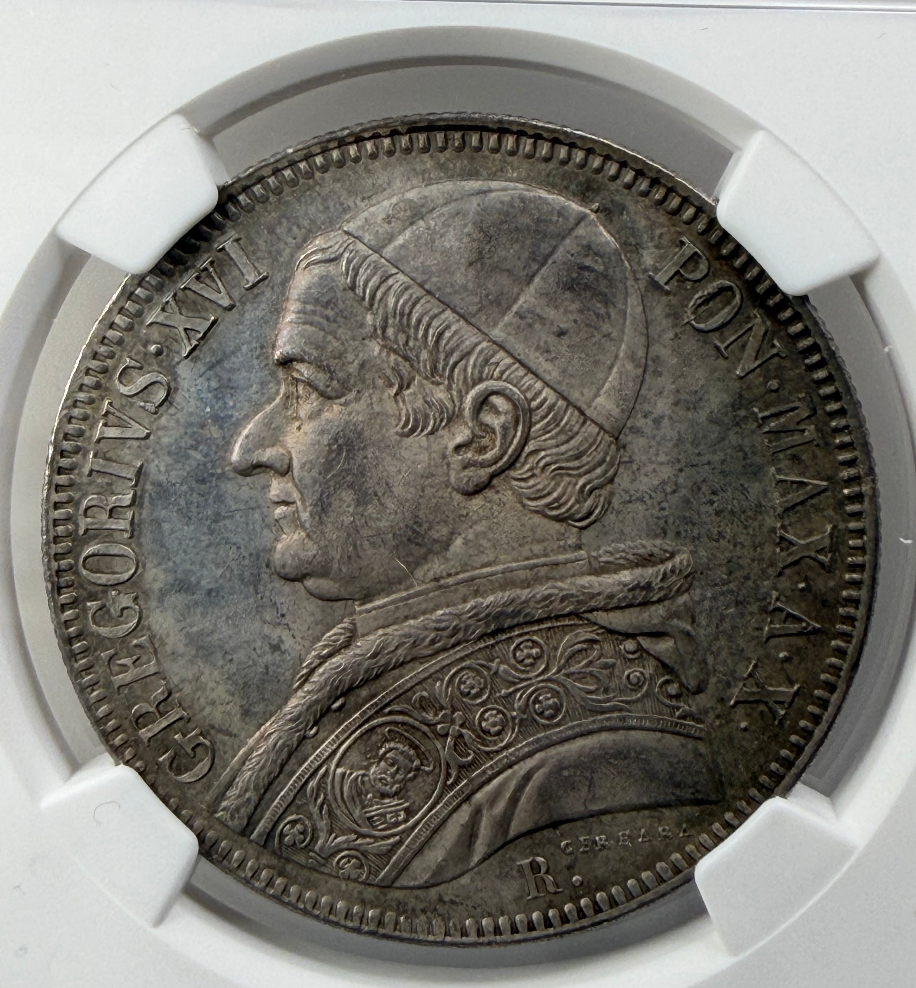 1840 R X Papal States Silver Scudo - Pope Gregory XVI - NGC MS62