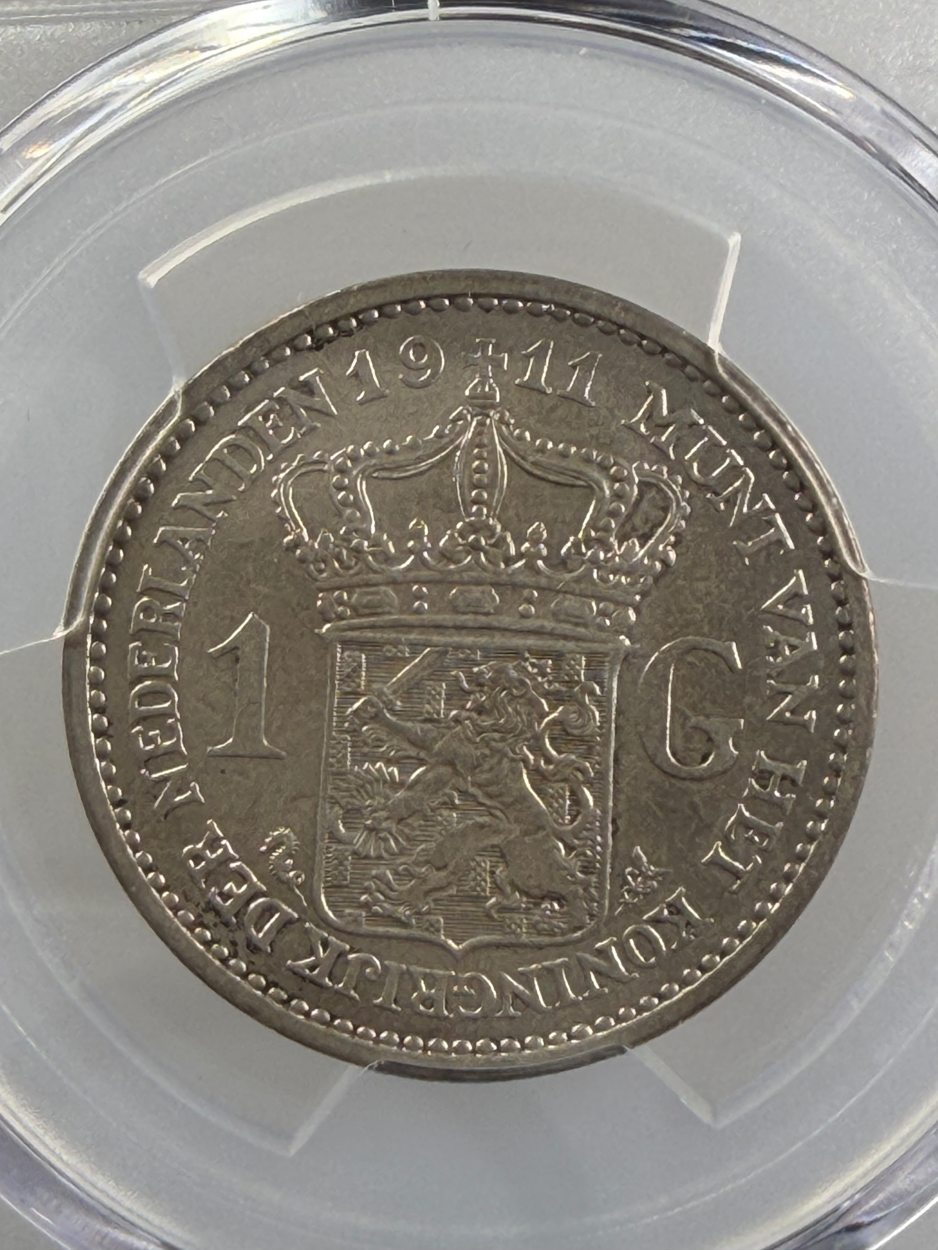 1911 Netherlands Silver 1 Gulden – Queen Wilhelmina – PCGS MS63