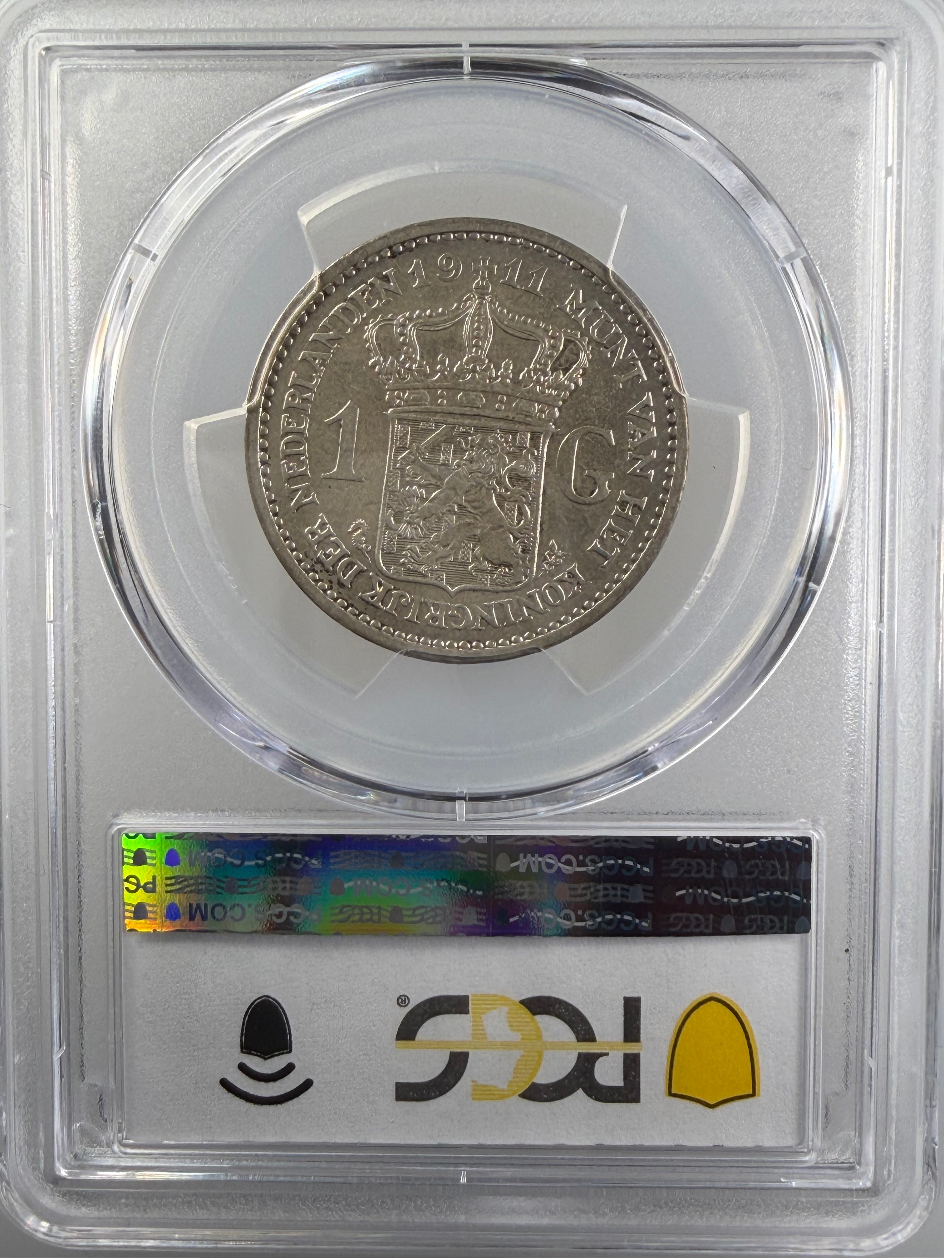 1911 Netherlands Silver 1 Gulden – Queen Wilhelmina – PCGS MS63