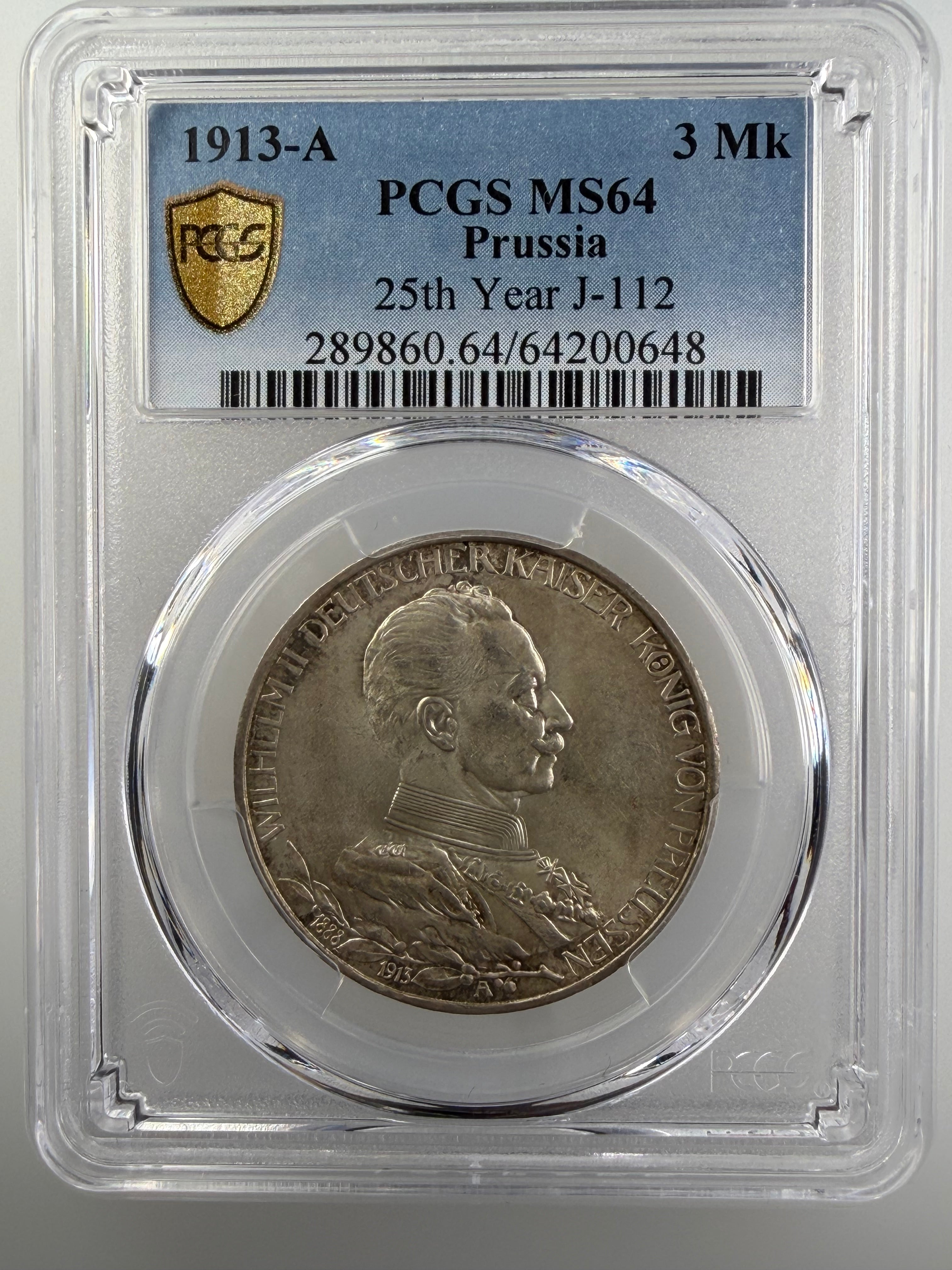 1913-A German States - Prussia 3 Mark “25th Year of Reign” – PCGS MS64