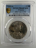 1913-A German States - Prussia Silver 3 Mark “25th Year of Reign” – PCGS PR64CAM (J-112)