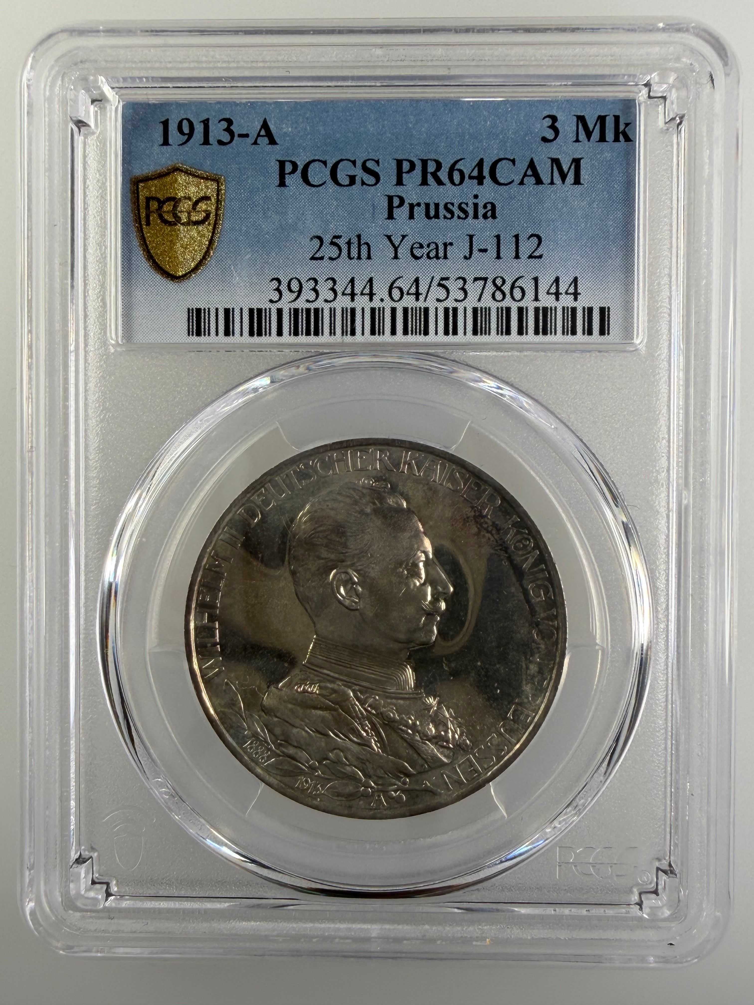 1913-A German States - Prussia Silver 3 Mark “25th Year of Reign” – PCGS PR64CAM (J-112)