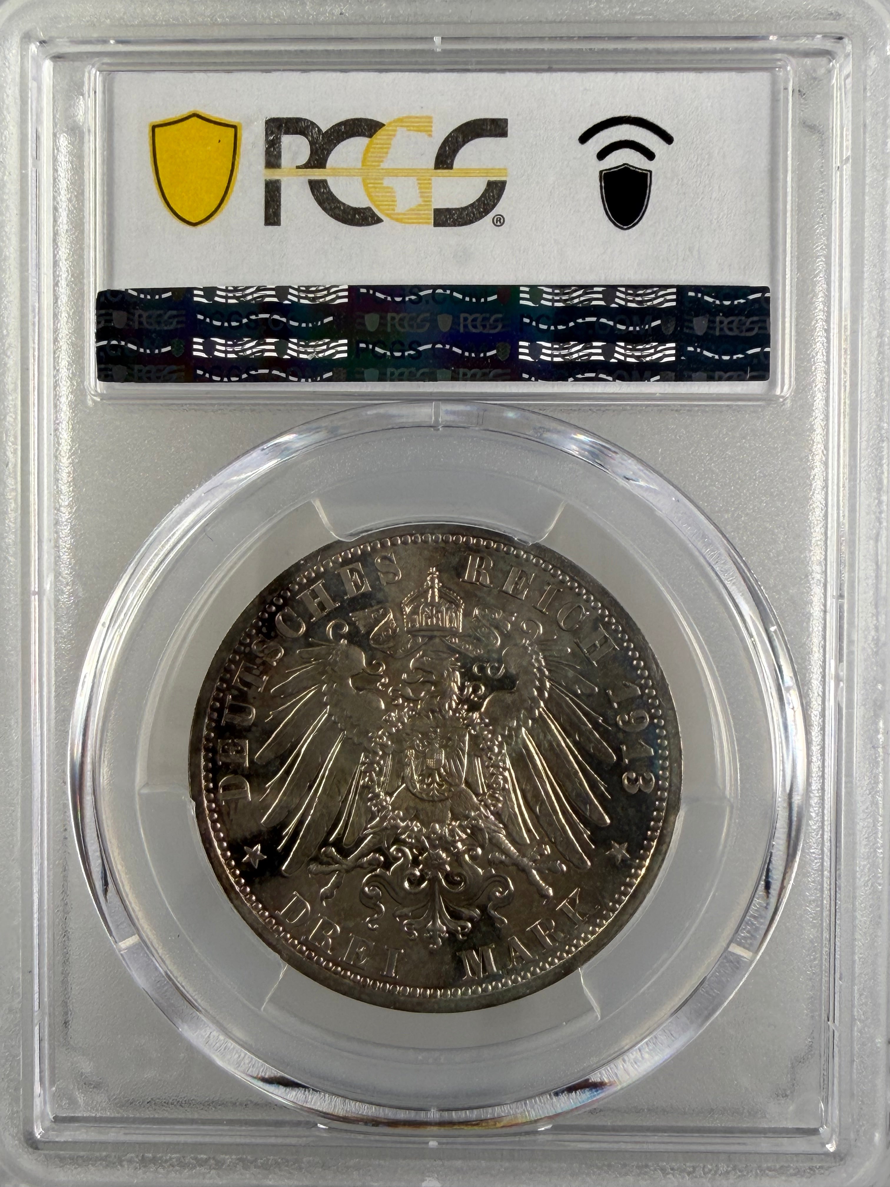 1913-A German States - Prussia Silver 3 Mark “25th Year of Reign” – PCGS PR64CAM (J-112)
