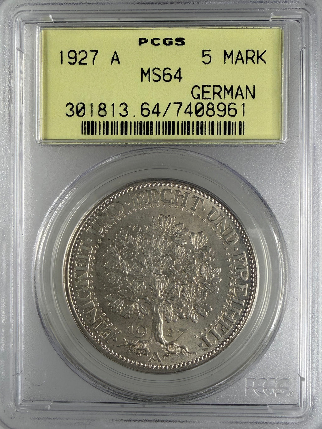 1927-A Germany Weimar Republic 5 Reichsmark “Oak Tree” – PCGS MS64 OGH
