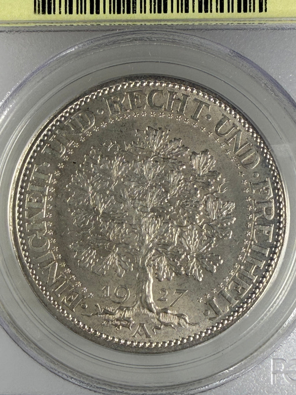 1927-A Germany Weimar Republic 5 Reichsmark “Oak Tree” – PCGS MS64 OGH