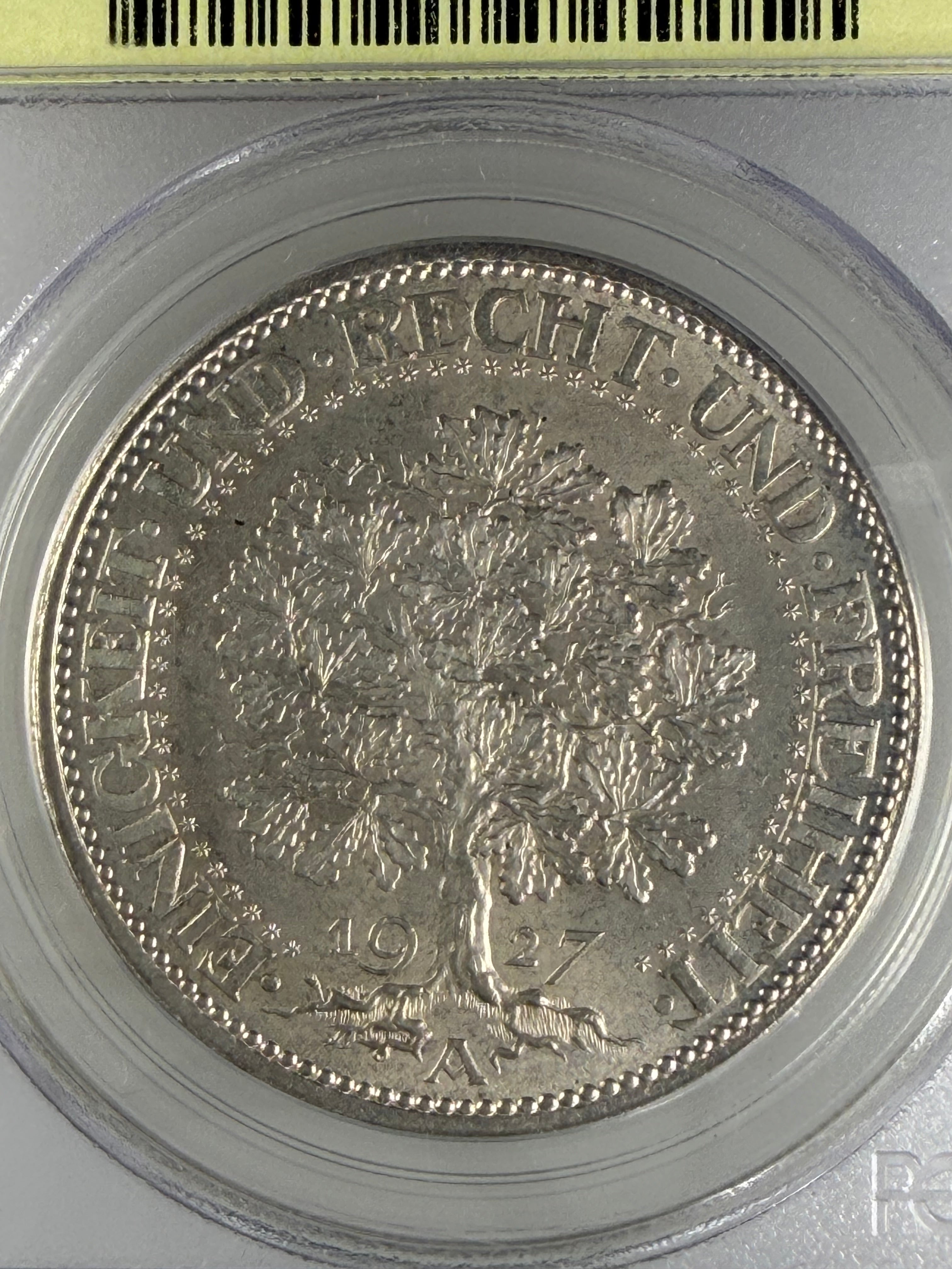 1927-A Germany Weimar Republic 5 Reichsmark “Oak Tree” – PCGS MS64 OGH