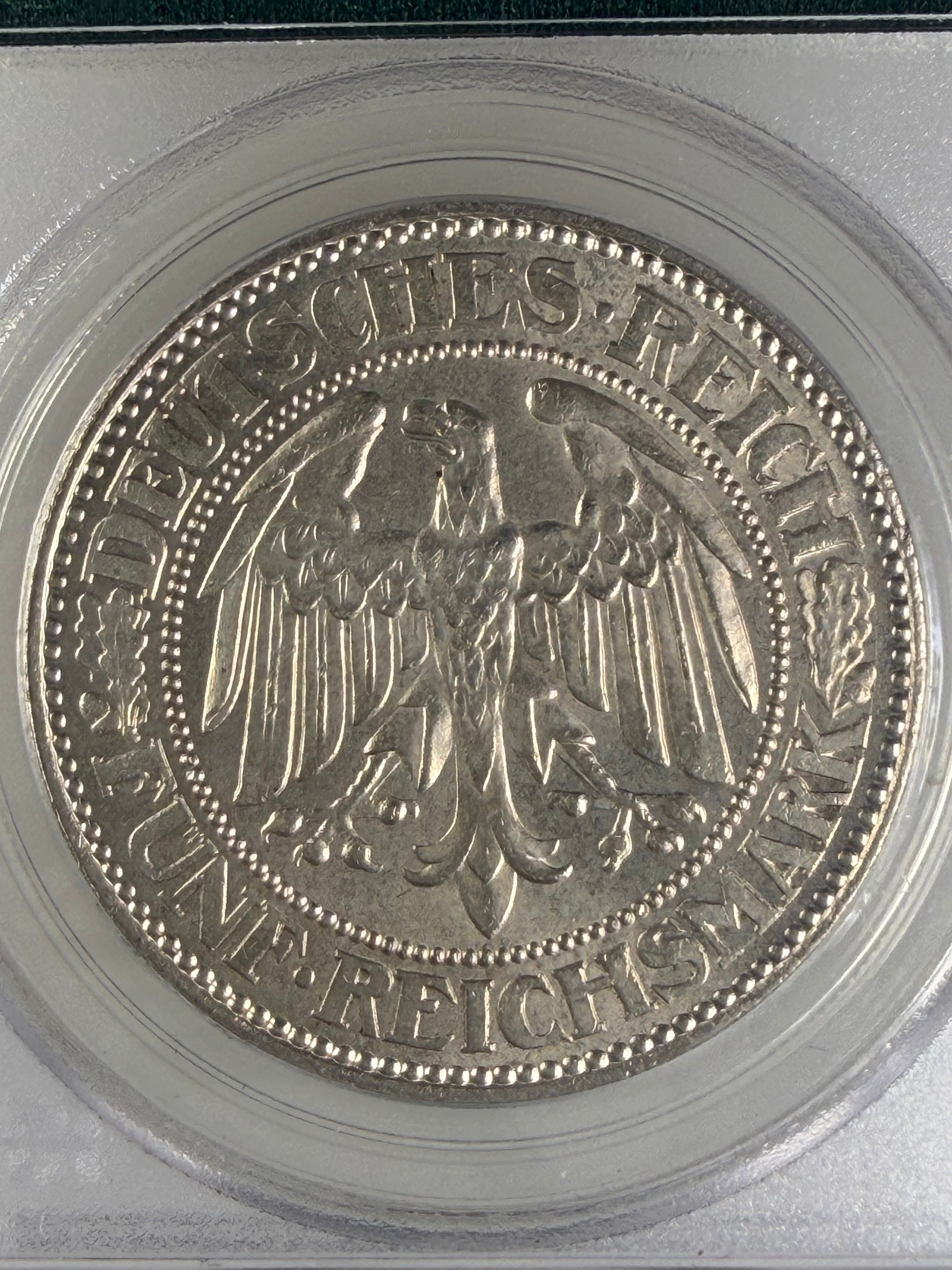 1927-A Germany Weimar Republic 5 Reichsmark “Oak Tree” – PCGS MS64 OGH