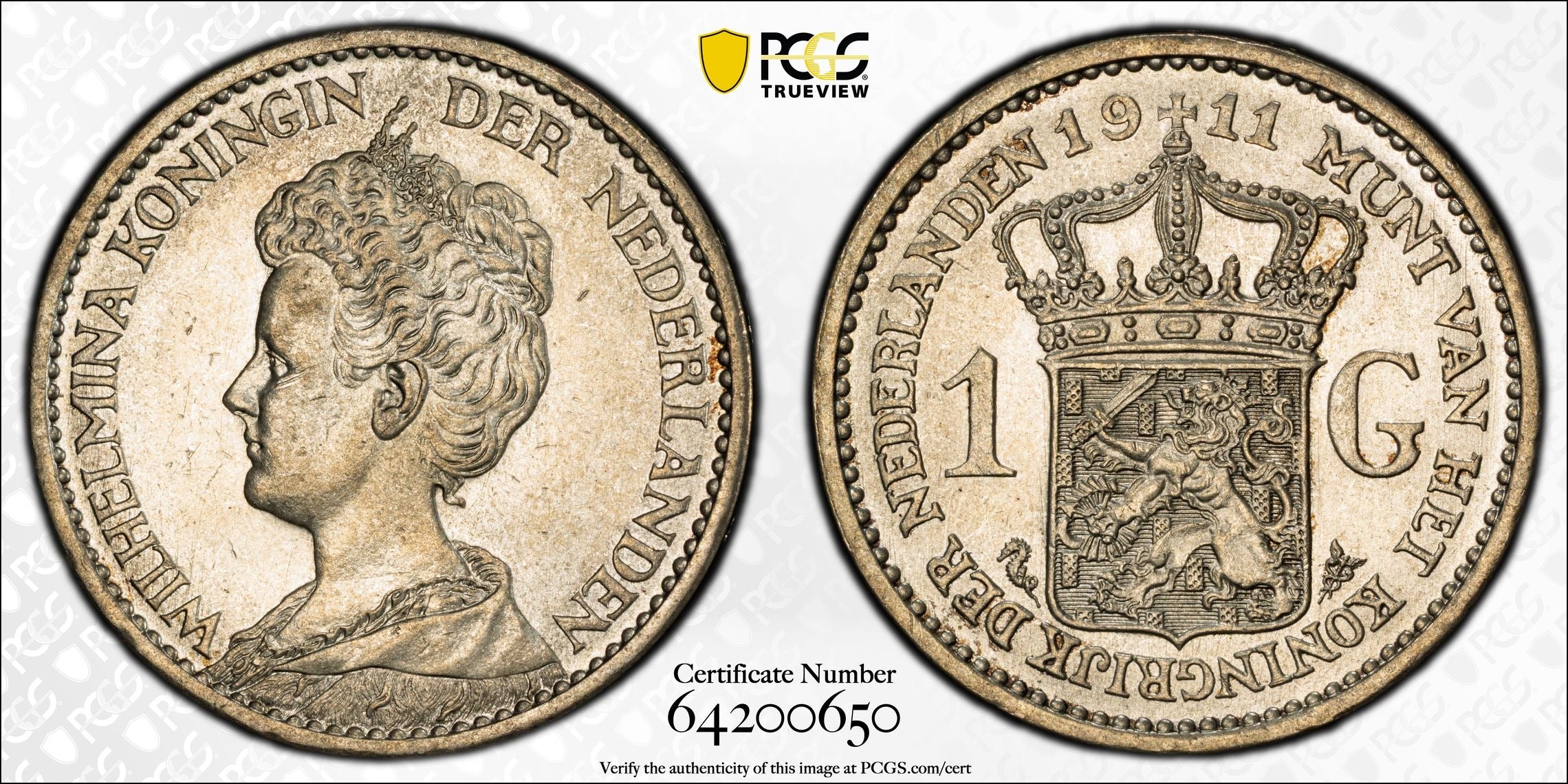 1911 Netherlands Silver 1 Gulden – Queen Wilhelmina – PCGS MS63
