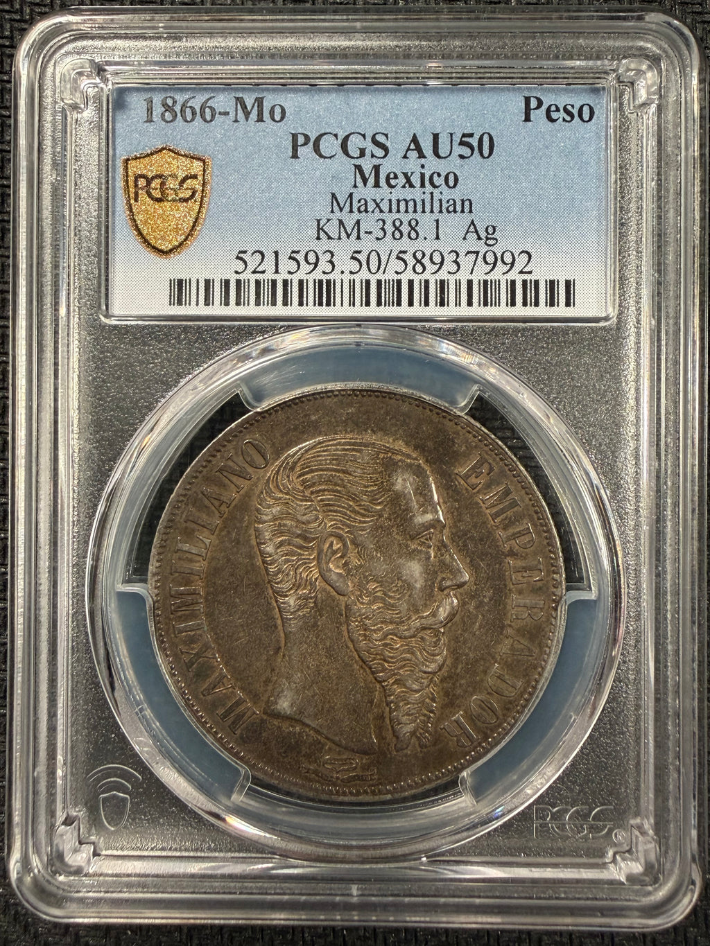 1866-Mo Mexico 1 Peso – Maximilian I - PCGS AU50