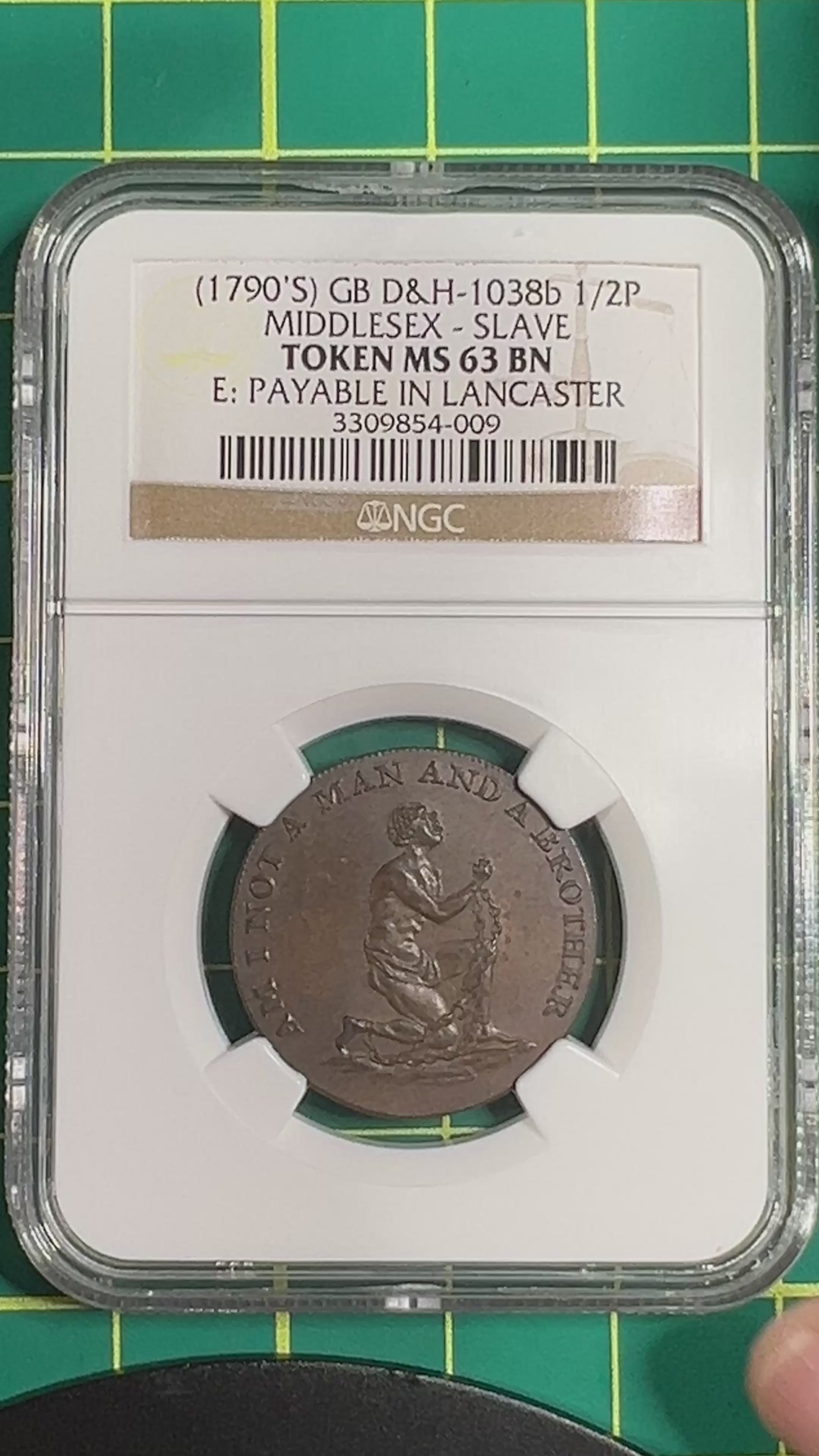 1790s Great Britain Middlesex Slave Token ½ Penny – “Am I Not a Man and a Brother” NGC MS63 BN