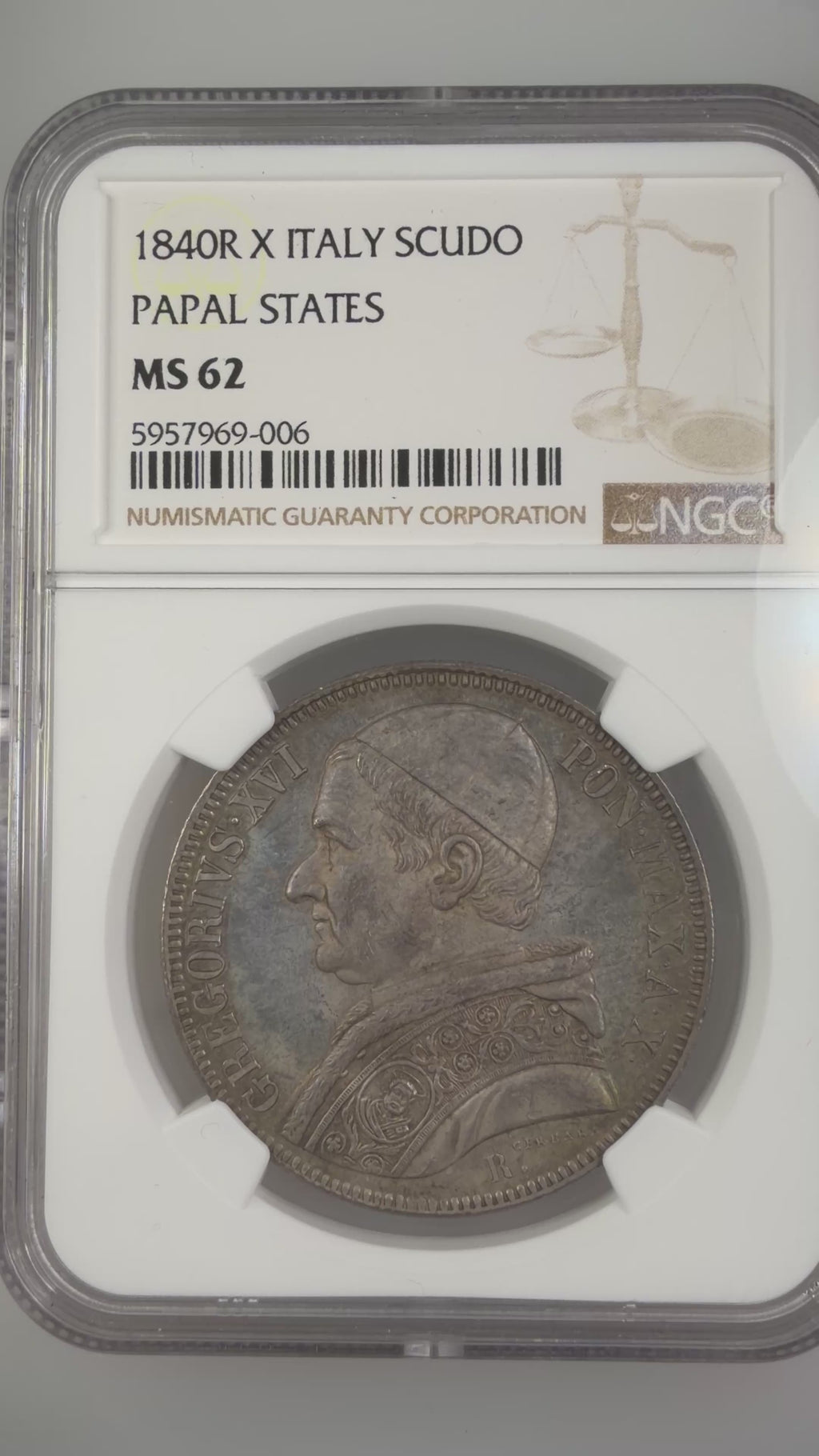1840 R X Papal States Silver Scudo - Pope Gregory XVI - NGC MS62
