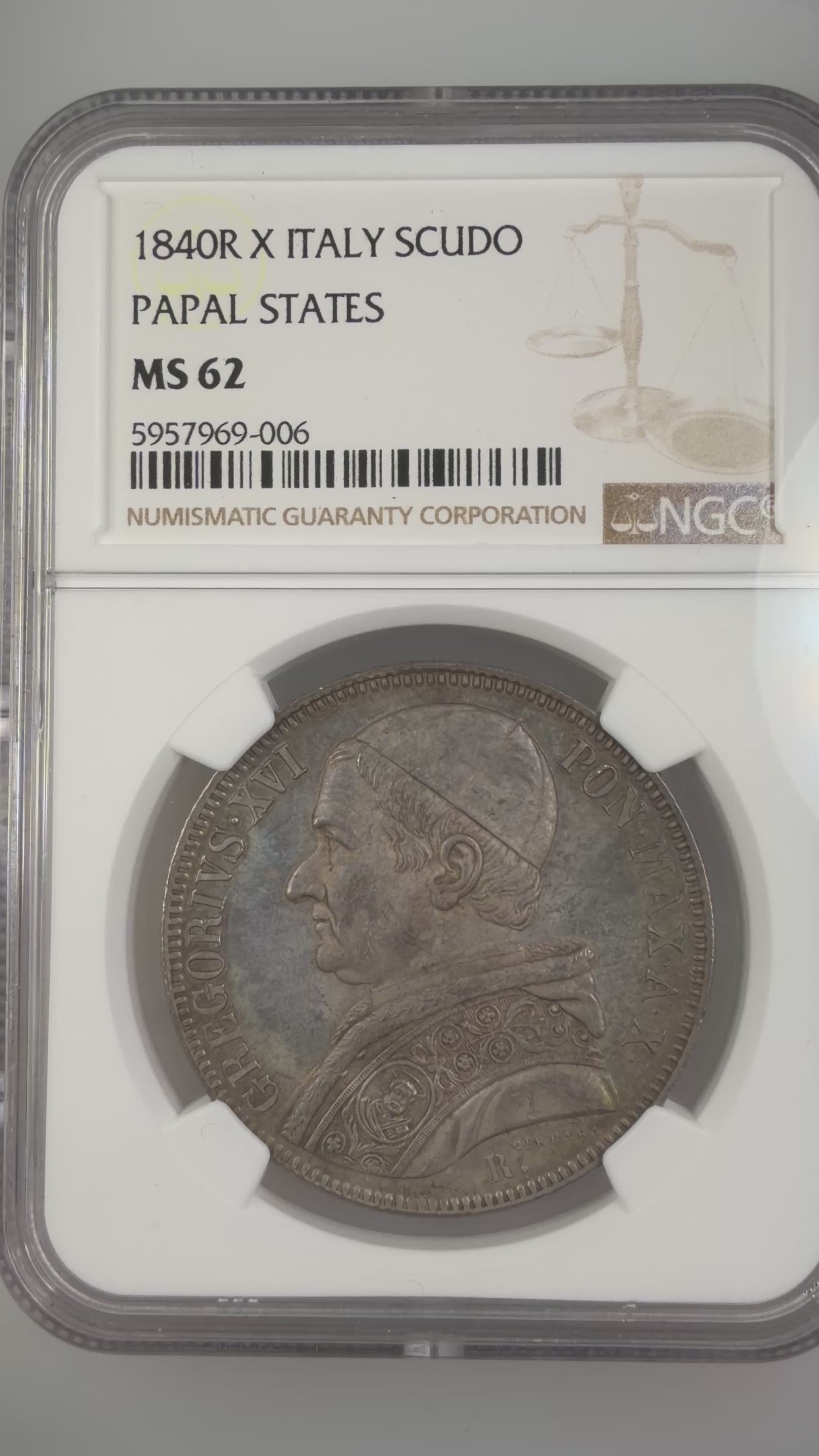 1840 R X Papal States Silver Scudo - Pope Gregory XVI - NGC MS62