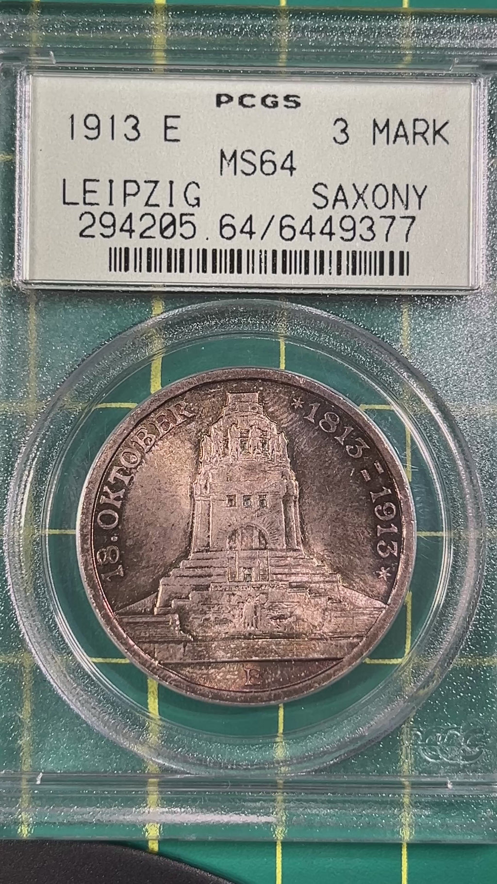 1913-E Saxony Silver 3 Mark – 100th Anniversary of the Battle of Leipzig PCGS MS64 OGH