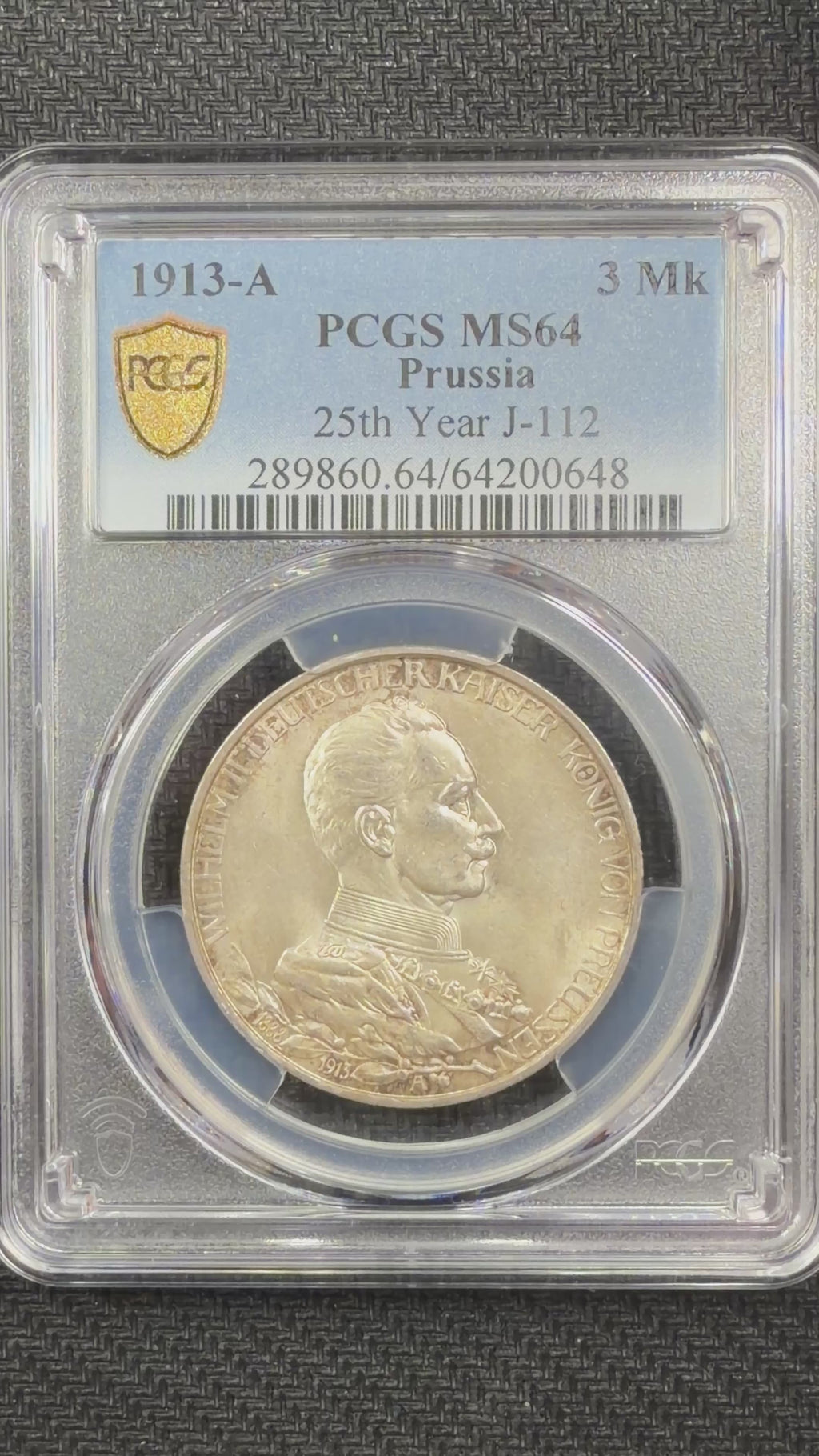 1913-A German States - Prussia 3 Mark “25th Year of Reign” – PCGS MS64