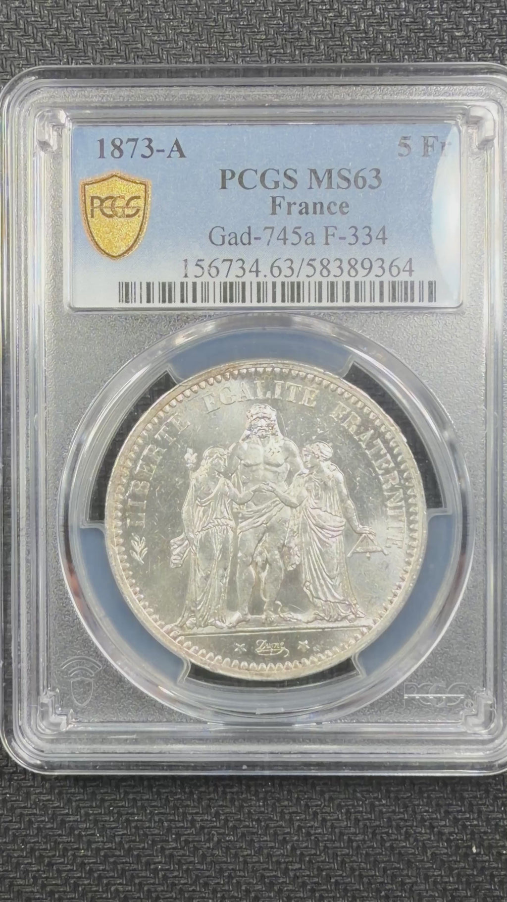 1873-A France Silver 5 Francs Hercules Third Republic PCGS MS63
