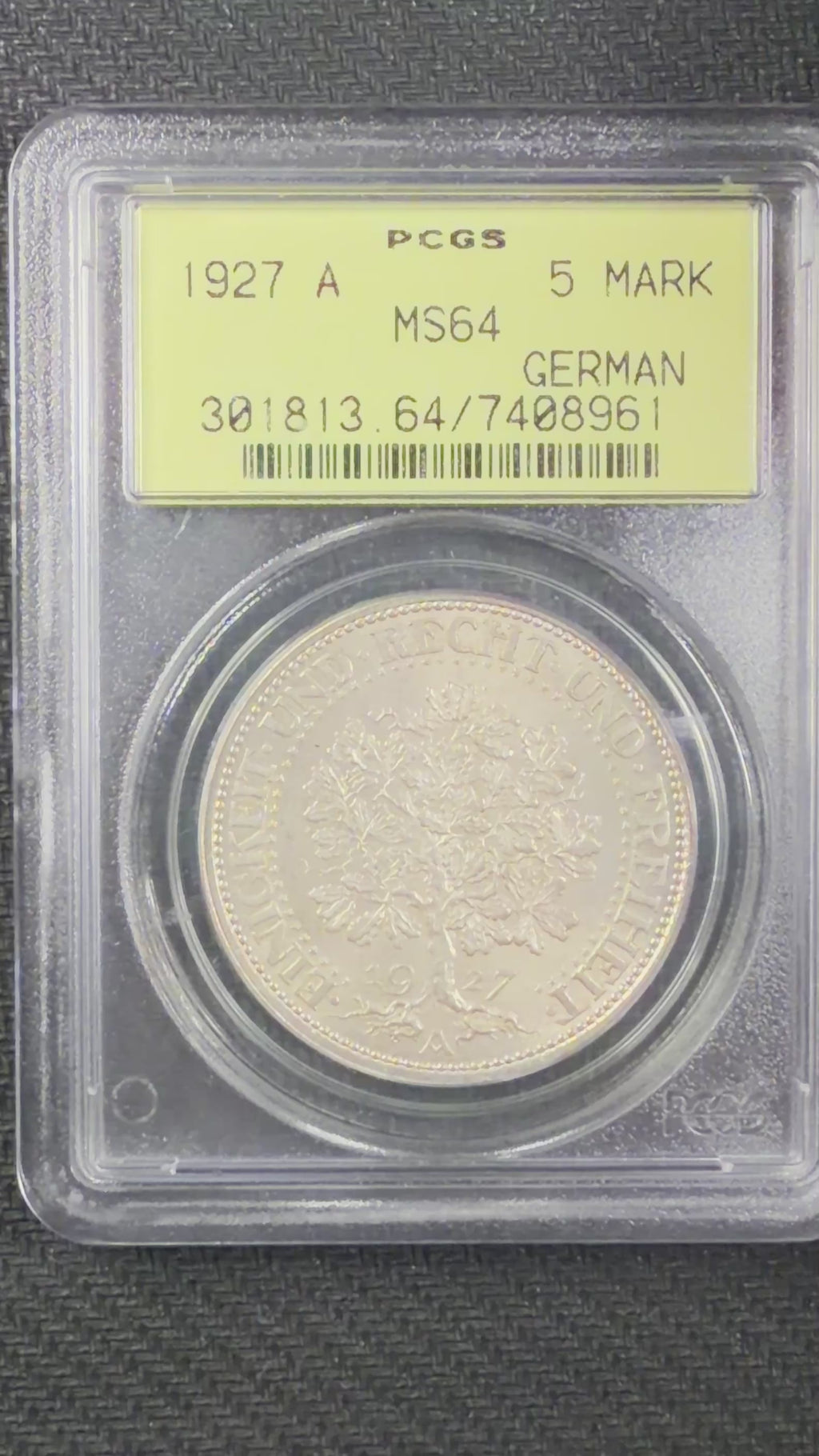 1927-A Germany Weimar Republic 5 Reichsmark “Oak Tree” – PCGS MS64 OGH