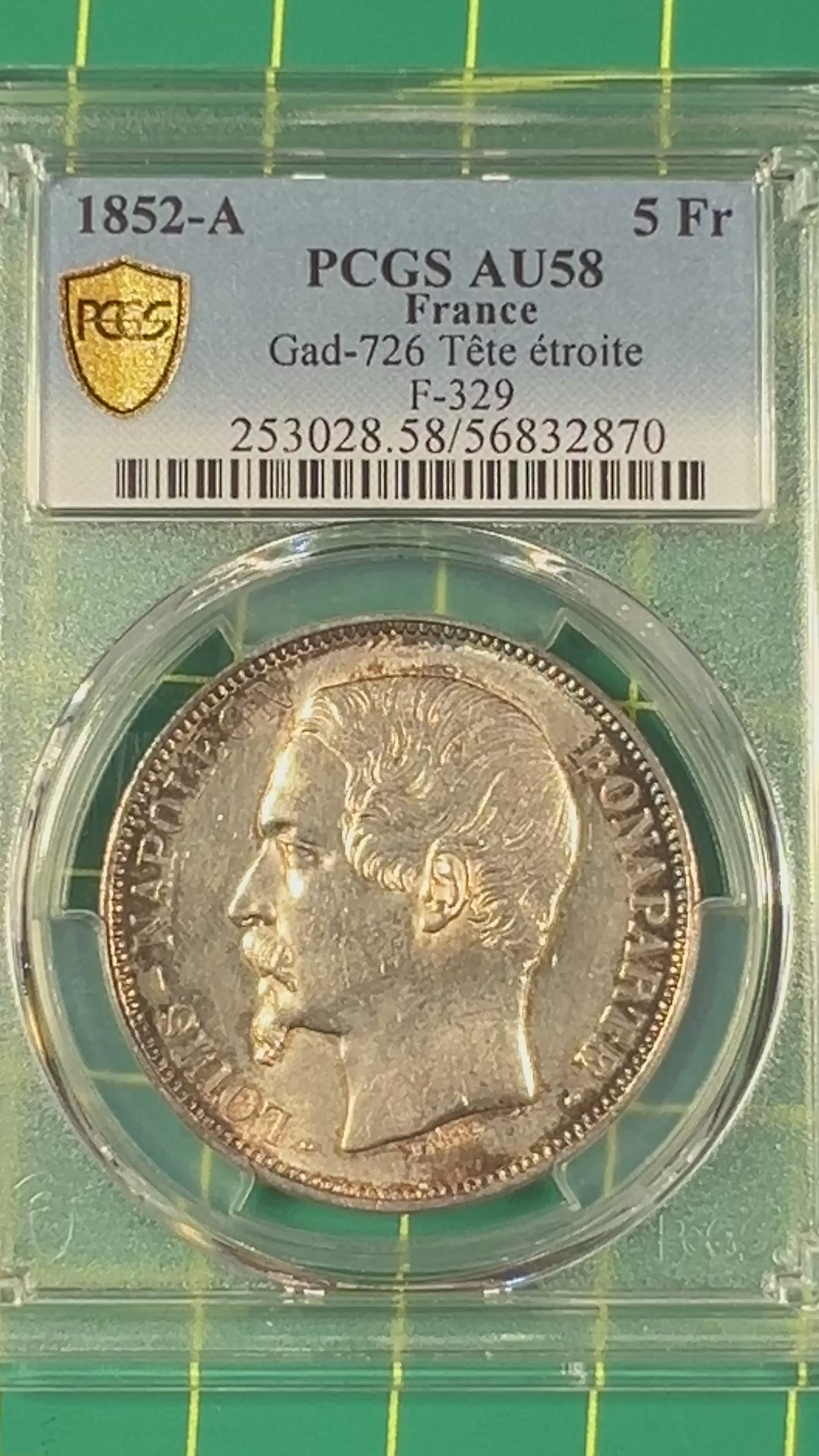 1852-A France Silver 5 Francs – Napoleon III “Tête étroite” PCGS AU58