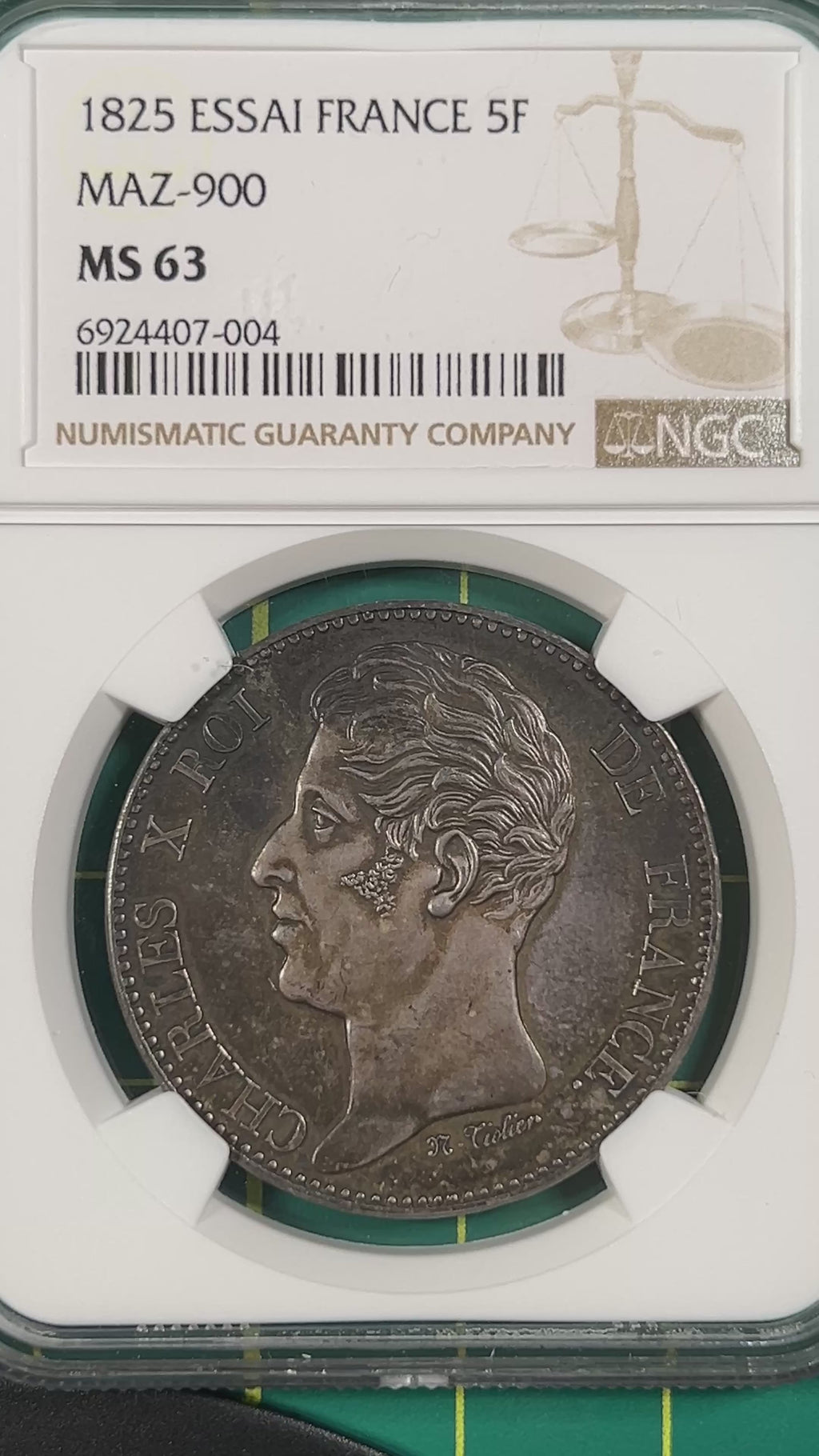1825 France 5 Francs Essai — Charles X Visit of the Duchesse de Berry & Prince de Salerne (MAZ-900, NGC MS63)