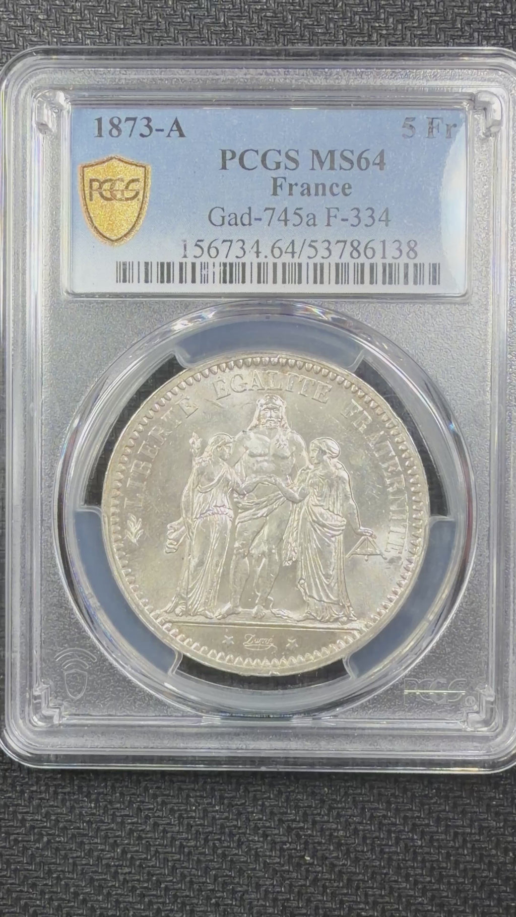 1873-A France Silver 5 Francs Hercules Third Republic PCGS MS64