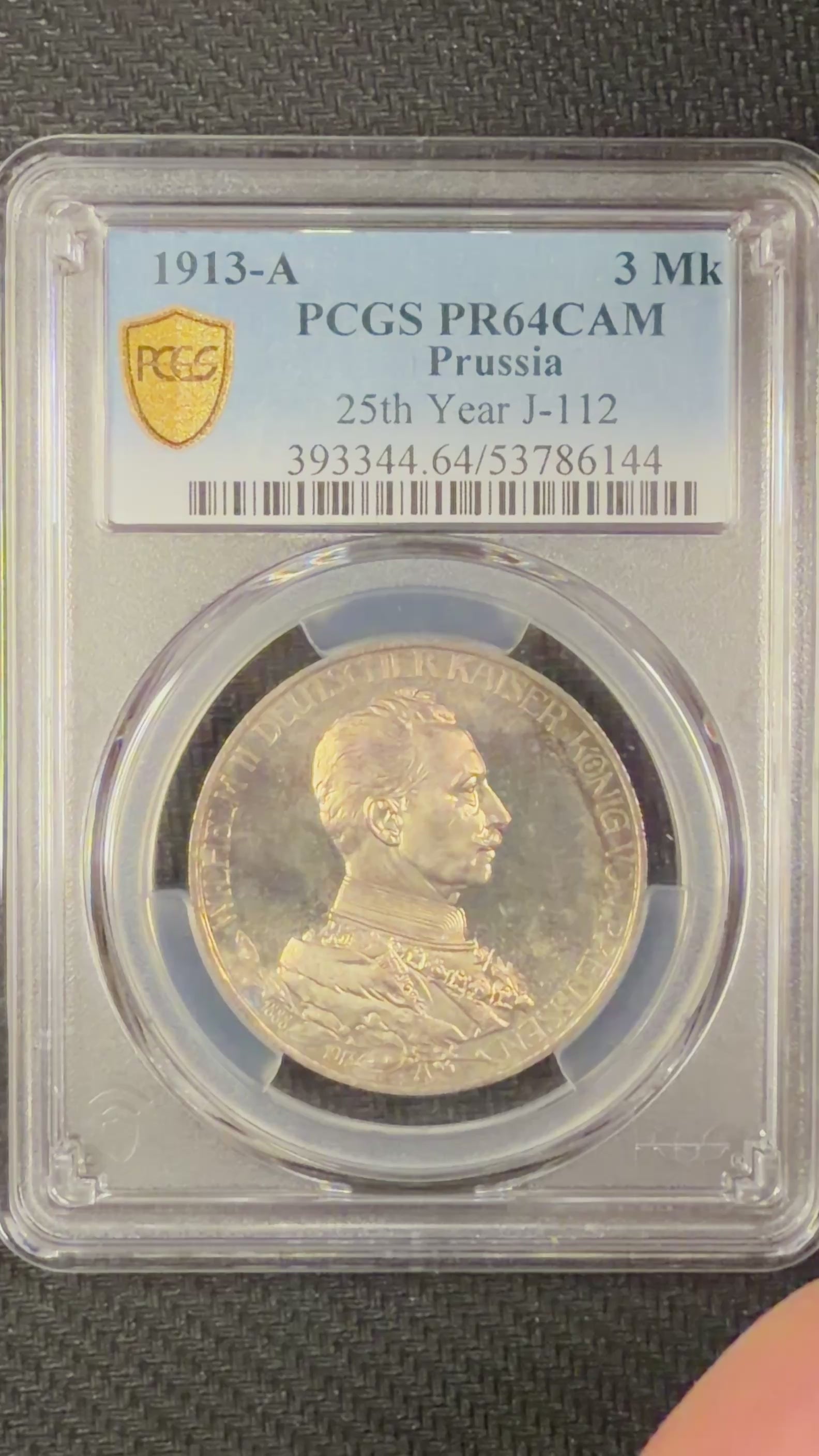 1913-A German States - Prussia Silver 3 Mark “25th Year of Reign” – PCGS PR64CAM (J-112)