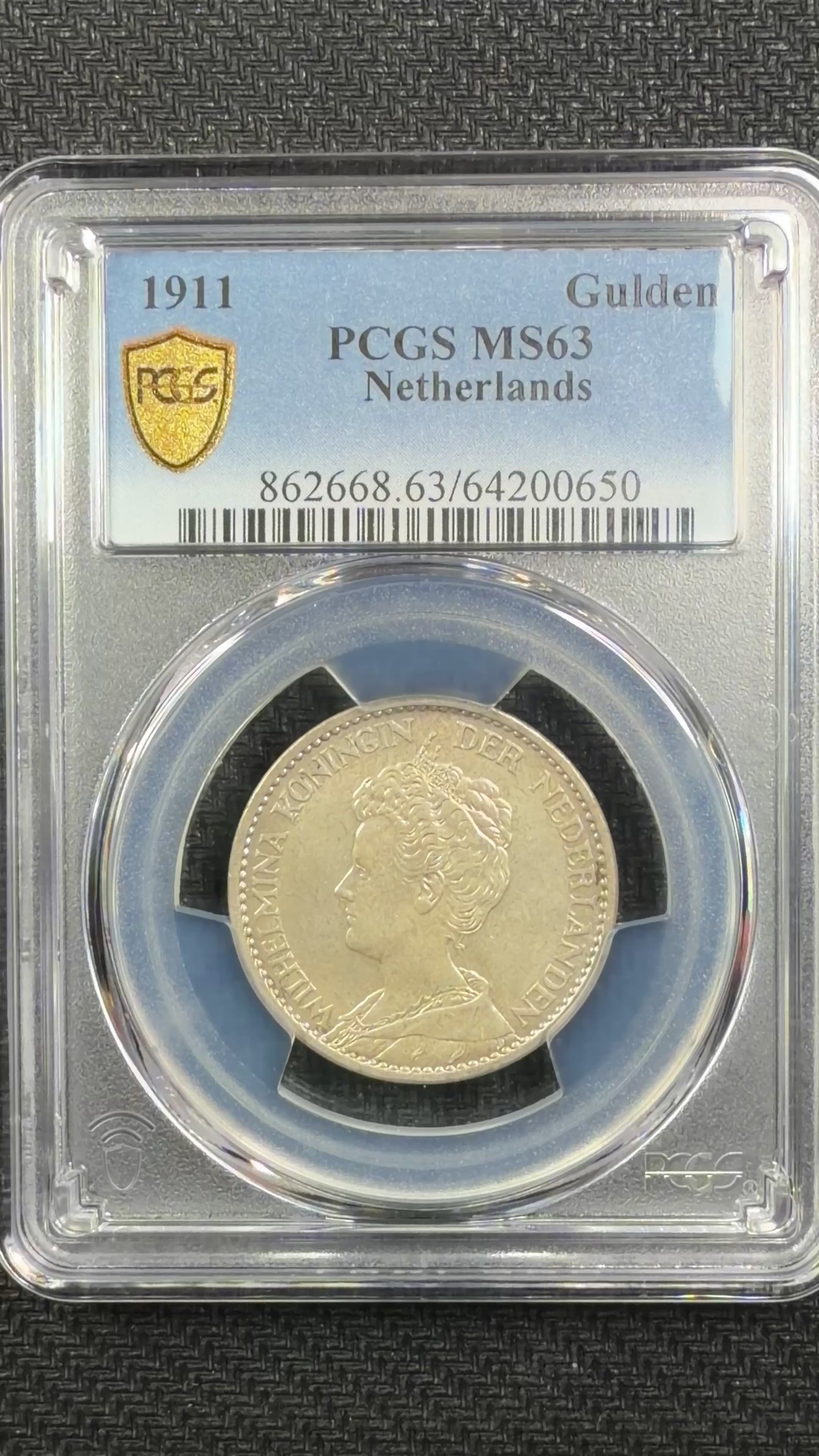 1911 Netherlands Silver 1 Gulden – Queen Wilhelmina – PCGS MS63