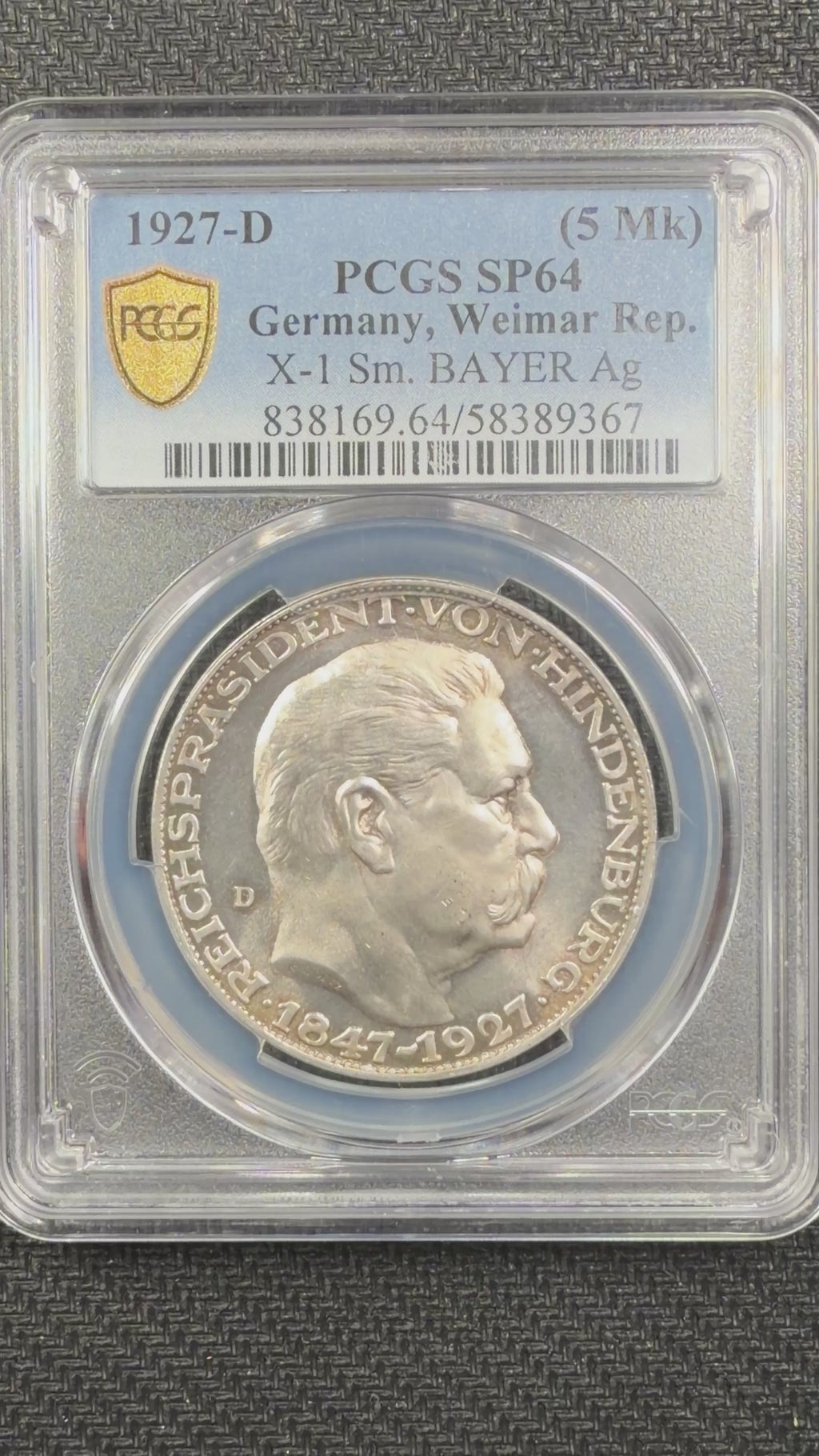 1927-D Germany Silver 5 Mark Hindenburg – 80th Birthday (Medallic)